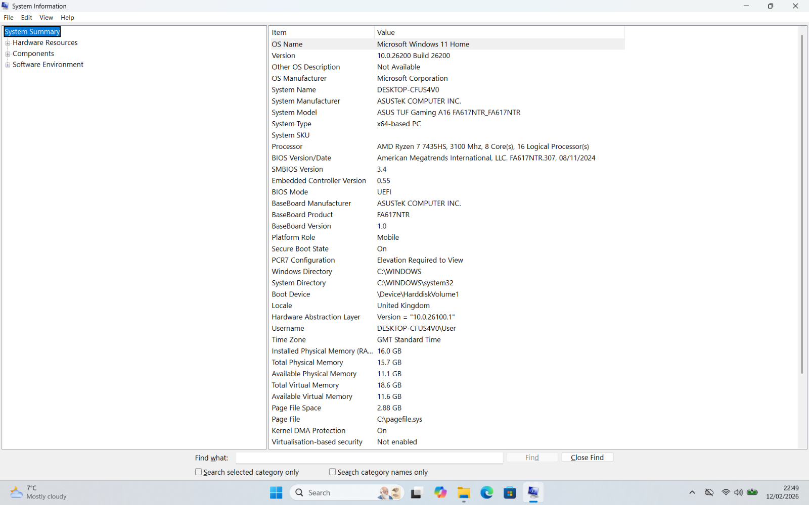 ASUS TUF A16 Ryzen 7 7435HS RX 7700S 16GB 1TB 165Hz 16” Gaming Laptop