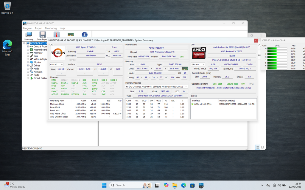 ASUS TUF A16 Ryzen 7 7435HS RX 7700S 16GB 1TB 165Hz 16” Gaming Laptop