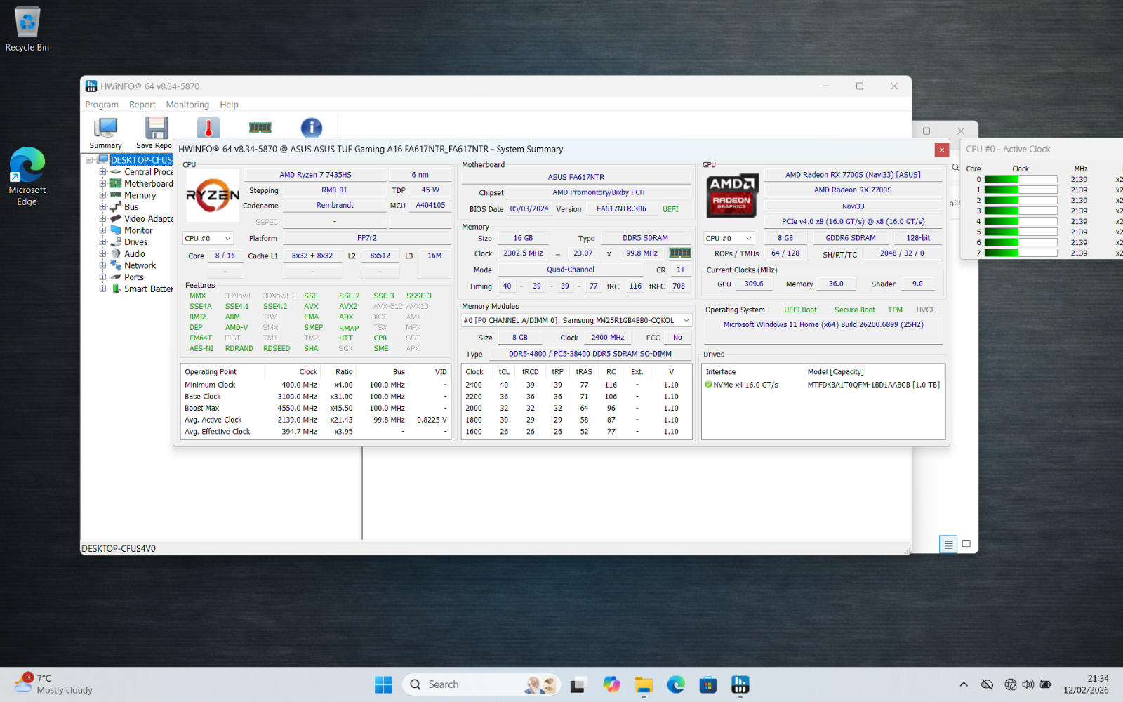 ASUS TUF A16 Ryzen 7 7435HS RX 7700S 16GB 1TB 165Hz 16” Gaming Laptop