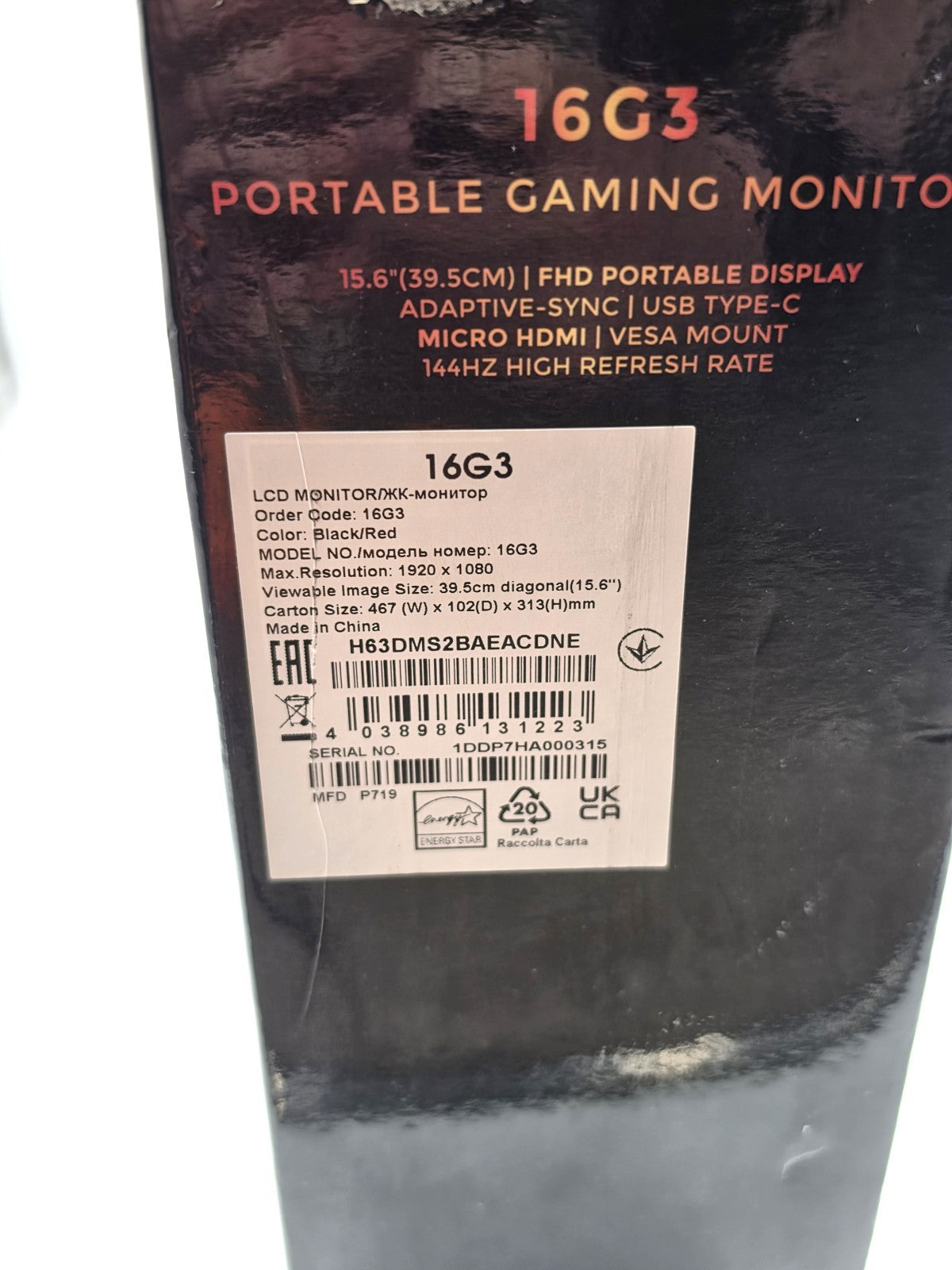 AOC 16G3 15.6 Inch Portable Gaming Monitor 144Hz IPS FHD USB-C Micro HDMI 1080p